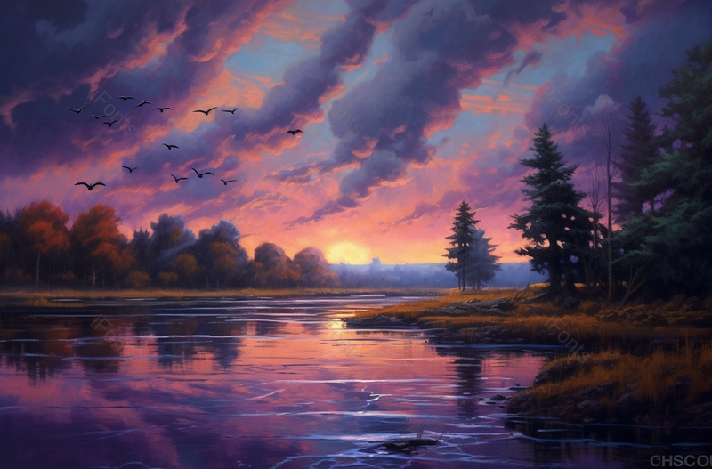 紫色黄色风景画落日余晖湿地水草倒影植物油画家居装饰满天云彩倒影水中,高清,摄影图,摄影图片,图片大全,摄影图免费下载